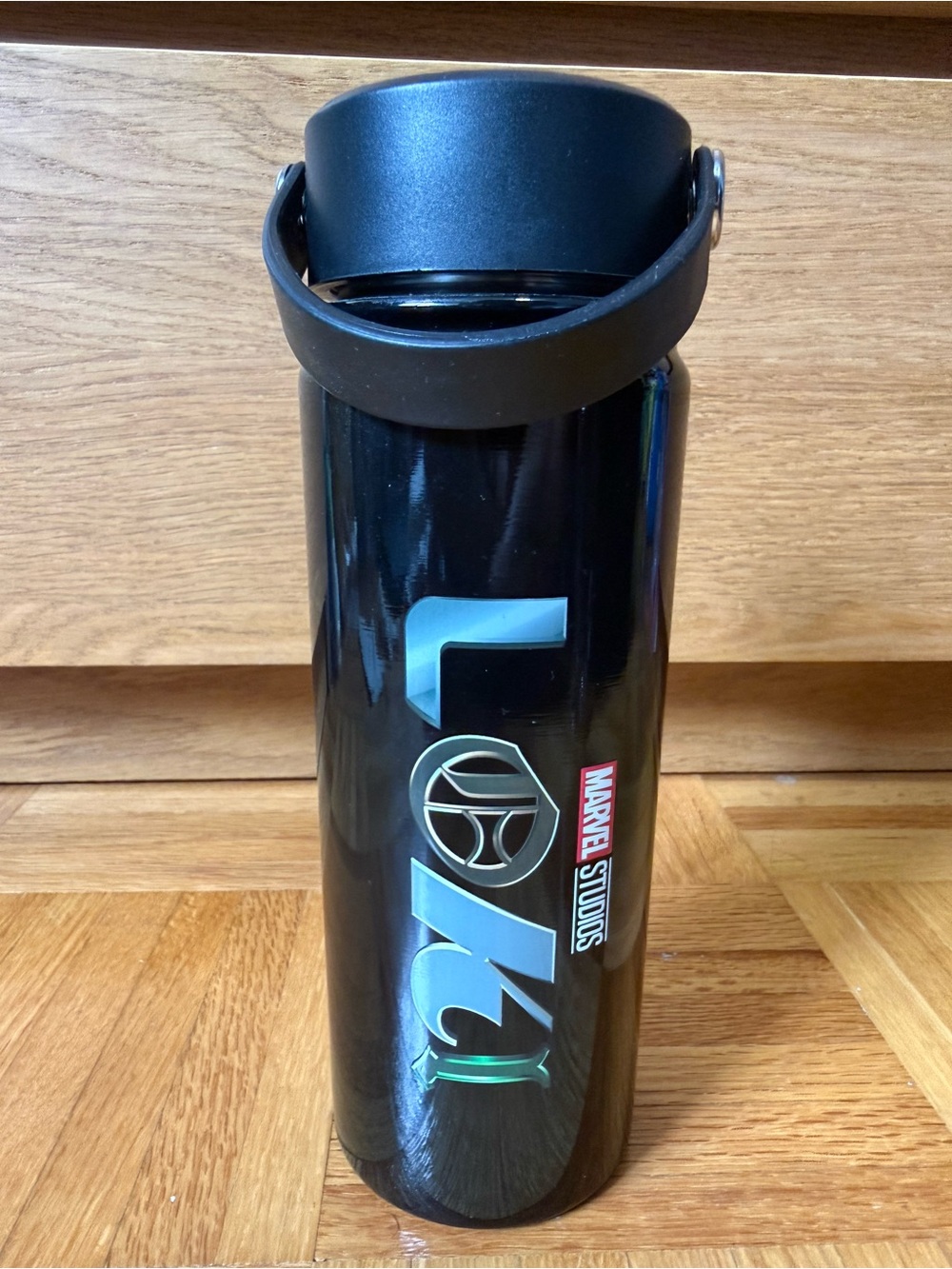 Bioworld Black Marvel Studios Loki Logo Travel Bottle 17 oz